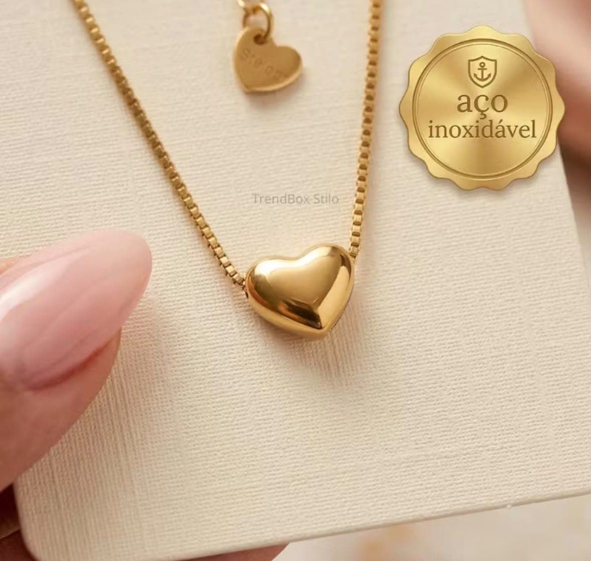 Colar Coração Puff, Aço inox dourado, corrente veneziana com extensor